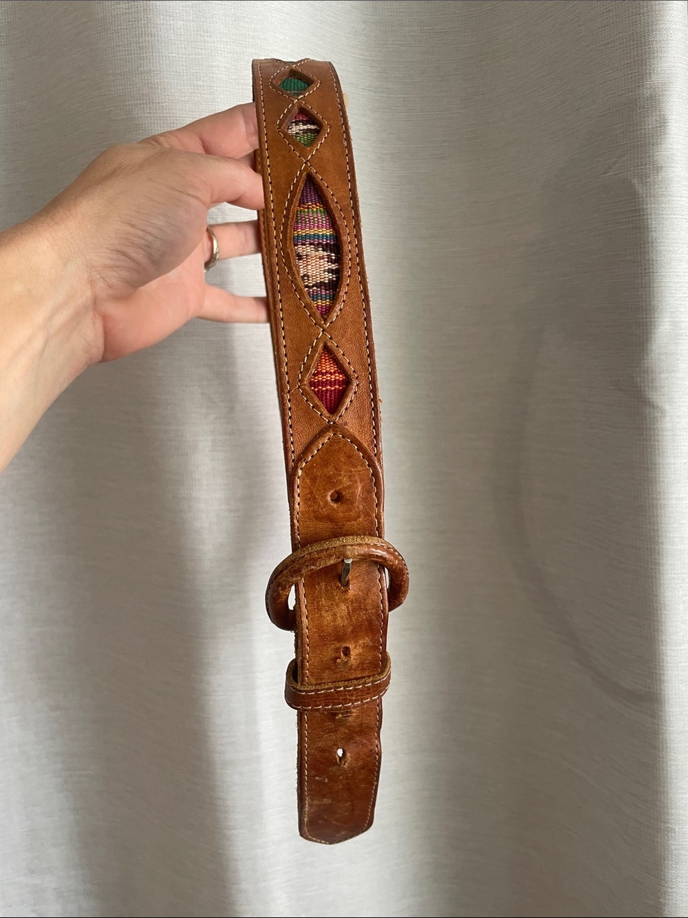 Brown Leather Belt with Multicolor Woven Inset